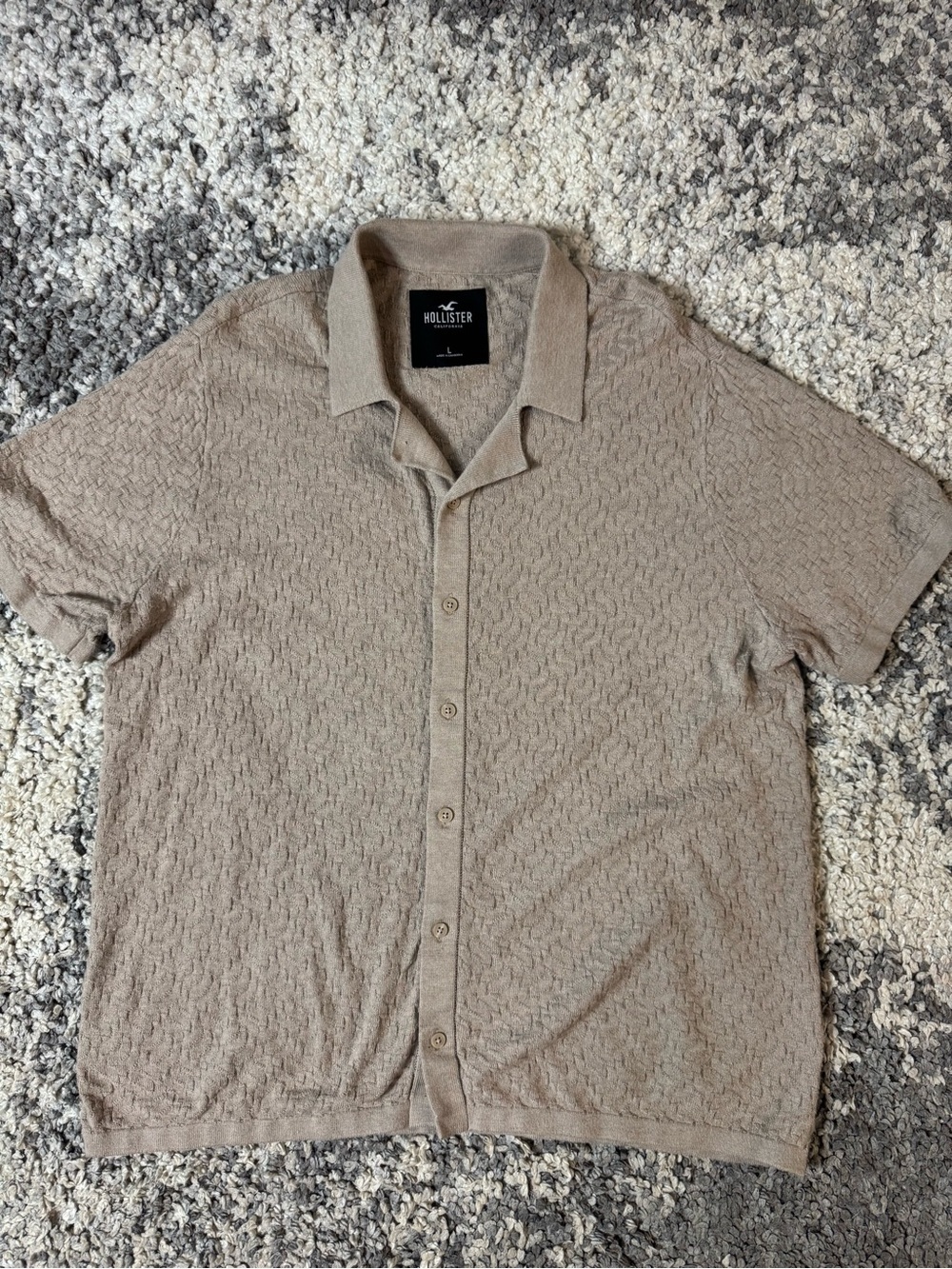 Hollister, Mens Brown Knit Pattern Short Sleeve Button Down Shirt, Large